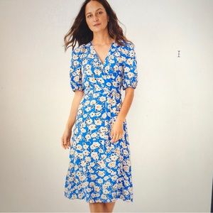 NWT ANN TAYLOR Blue Artsy Floral Puff Sleeve Wrap Dress